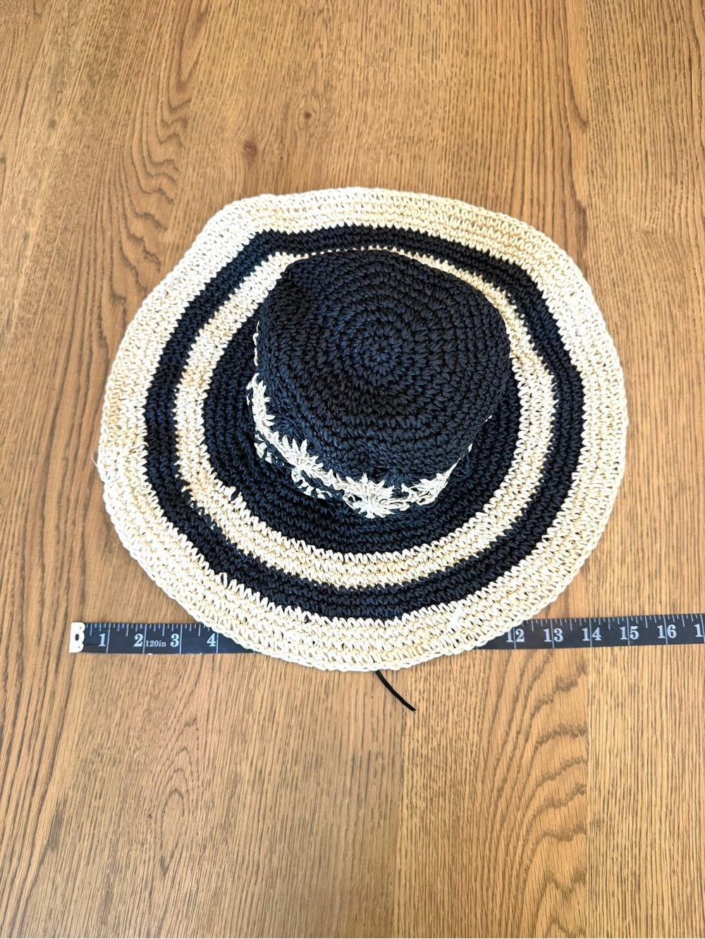 Four Buttons San Diego Hat Co Crochet Sun Hat Wide Brim Black Tan Striped NWT - Picture 4 of 14